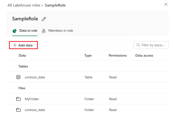 Captura de tela que mostra a seleção de 'adicionar dados' para editar uma função de segurança.