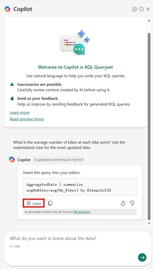 Captura de tela da caixa de diálogo Copilot mostrando uma consulta KQL gerada e o botão Inserir.