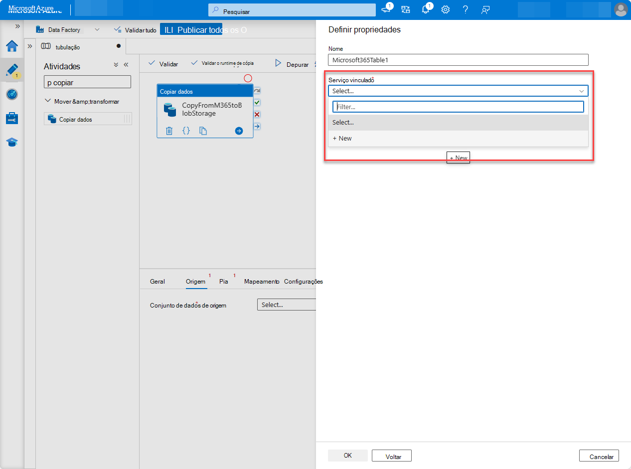 Uma captura de ecrã da página do serviço portal do Azure Data Factory com o realce Novo painel de serviço ligado a selecionar novo.