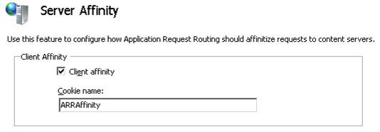 Captura de tela da página do recurso Afinidade de Servidor. A caixa de seleção ao lado de Client Affinity é mostrada. Na caixa de nome do cookie, o texto A R R Affinity é mostrado.