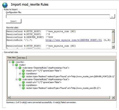 Captura de tela do painel Import mod underscore reescrita de regras com um conjunto de regras de reescrita e um conjunto de regras convertidas com êxito.