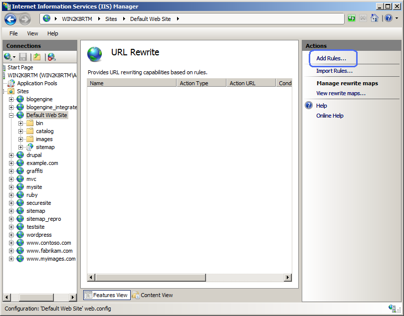 Captura de tela do painel Ações do ícone URL Rewrite. Adicionar Regras está destacado.