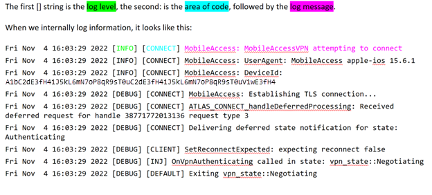 Captura de ecrã a mostrar uma saída de registo do Microsoft Tunnel de exemplo no Xcode num dispositivo macOS.