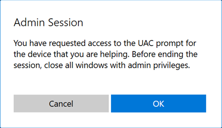Captura de ecrã do pedido para ativar o suporte de elevação durante uma sessão de ajuda remota no Windows.