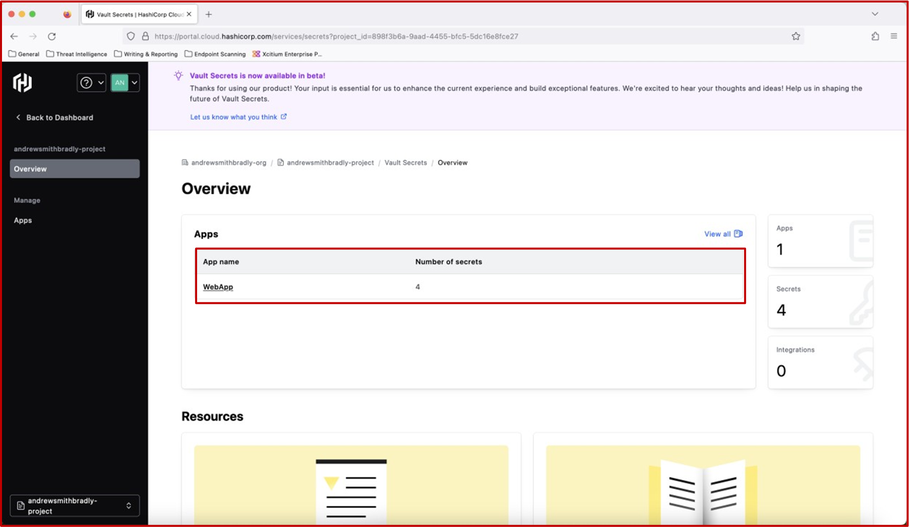 Descrição geral dos Cofres da Hashicorp dashboard.