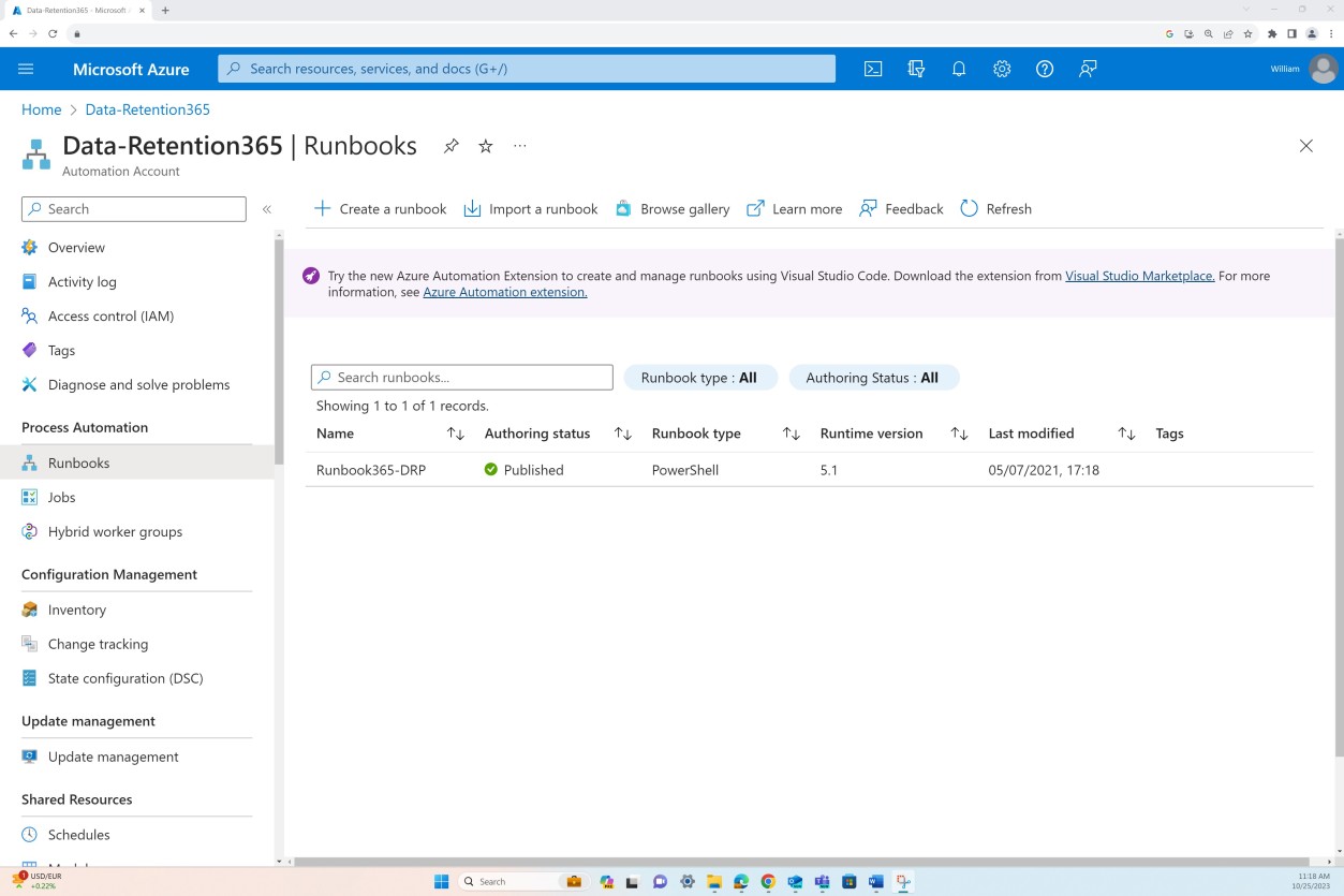 Azure página de descrição geral dos runbooks.