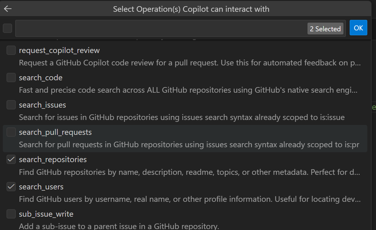 Uma captura de ecrã da interface de seleção de ferramentas no VS Code