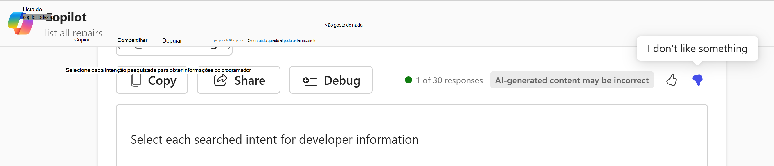 Captura de ecrã a mostrar Microsoft 365 Copilot opções de comentários para cima ou polegares para baixo