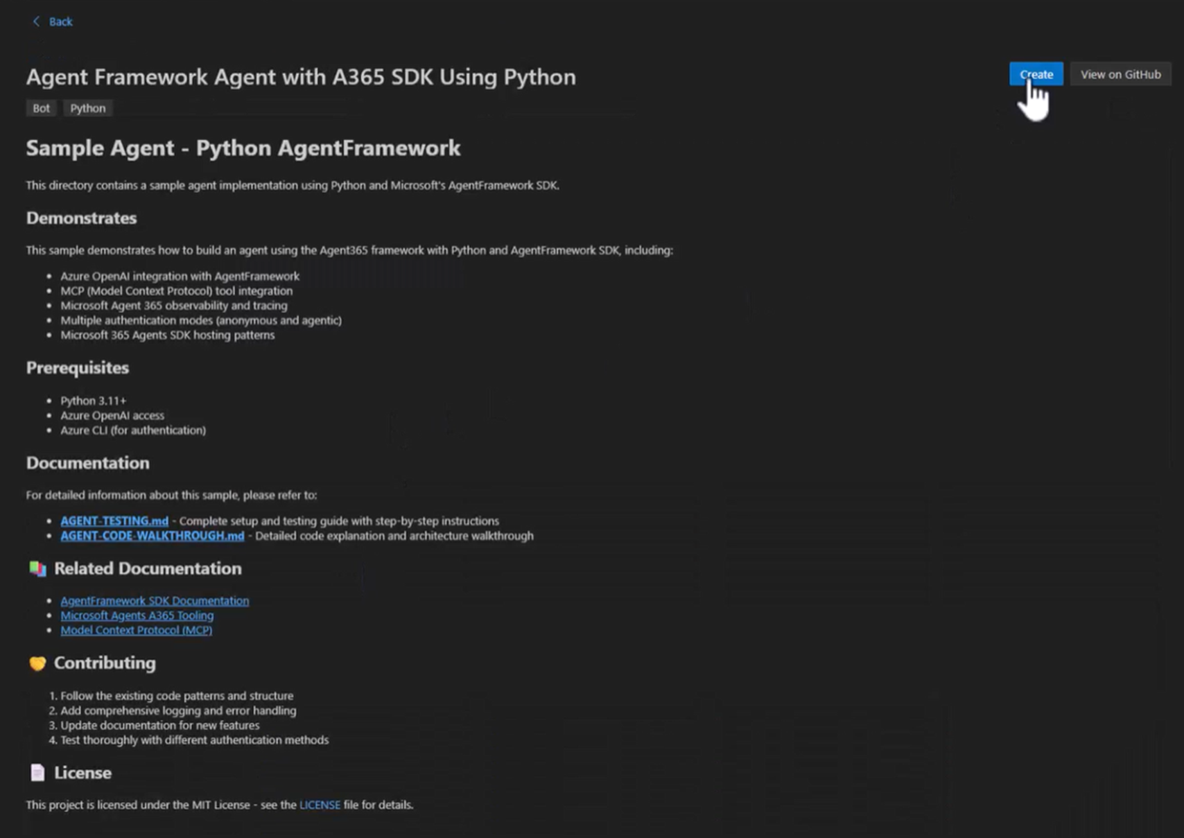 Captura de ecrã do Agent Framework Agent com A365 SDK usando exemplo em Python.