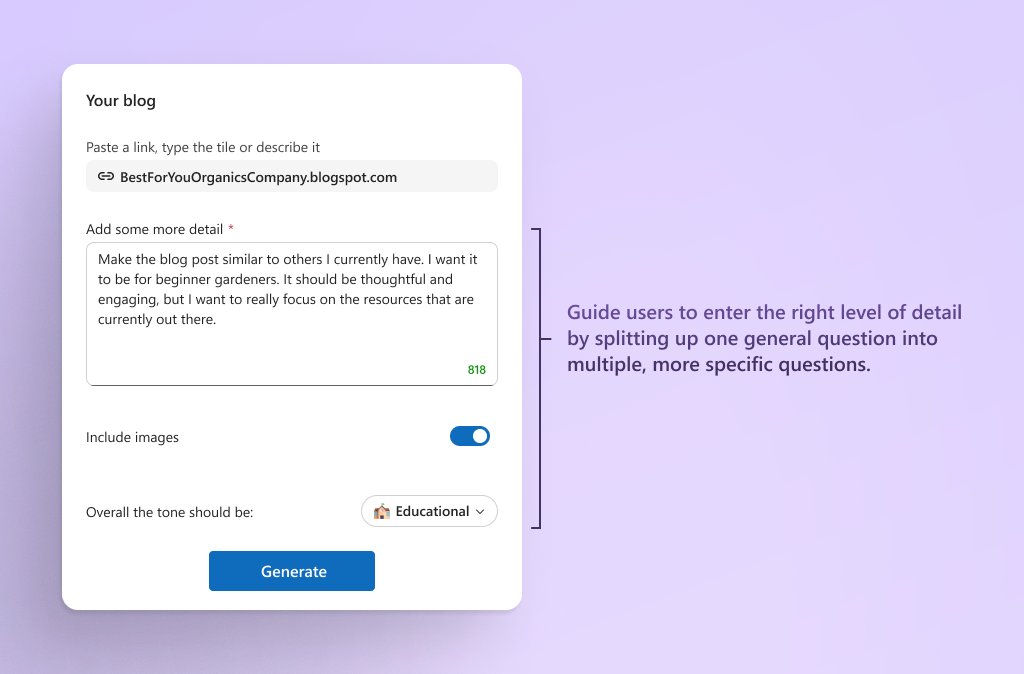 Captura de tela que mostra um exemplo de uma caixa de diálogo com espaço para inserir um link, uma solicitação, imagens e tom geral.