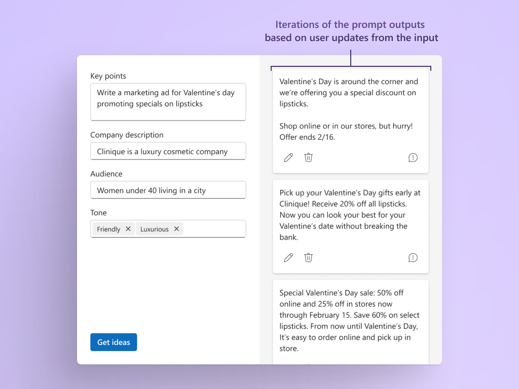 Captura de tela que mostra as iterações das saídas de prompt com base nas atualizações do usuário a partir da entrada.