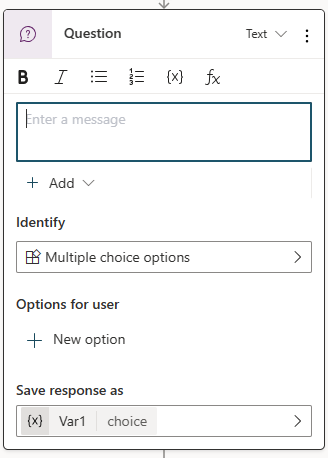 Captura de ecrã de um novo modo de Pergunta com campos para introduzir uma mensagem, definir o tipo de dados a recolher e selecionar uma variável para armazenar a resposta do utilizador.