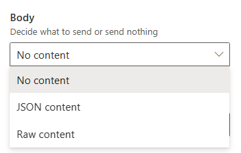 Captura de ecrã da lista pendente de opções de conteúdo do corpo
