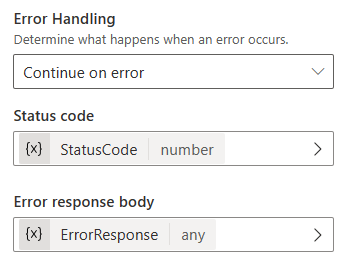 Captura de ecrã do painel 'Propriedades da solicitação HTTP' para um nó 'Solicitação HTTP' mostrando a configuração de tratamento de erros, para continuar em caso de erro. As variáveis para o código de status e o corpo da resposta de erro são selecionadas.