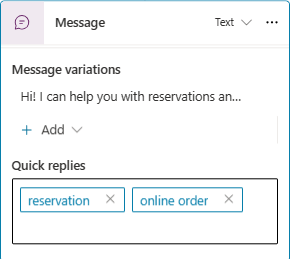 Captura de ecrã de respostas rápidas num nó de Mensagem.