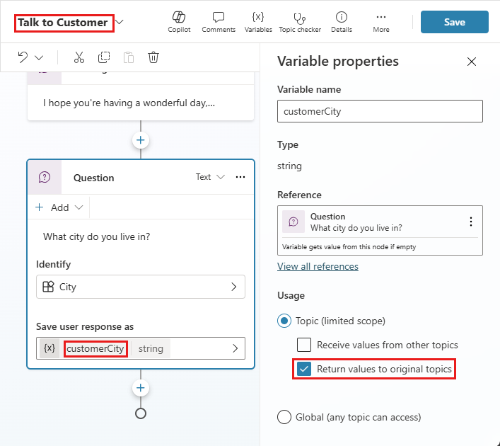 Captura de ecrã do tópico Falar com o cliente com a variável customerCity e respetivas propriedades realçadas.