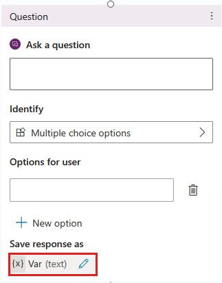Captura de ecrã de um nó Pergunta, com a variável criada automaticamente realçada.