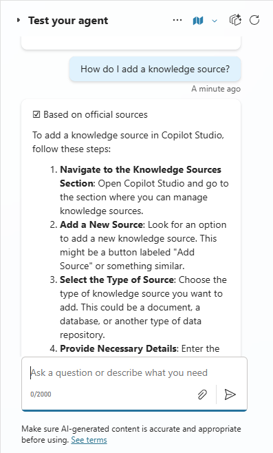 Captura de ecrã de uma pergunta de teste no chat de teste.