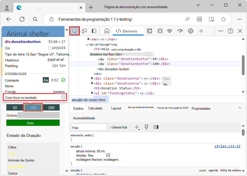 Pairar o cursor sobre os botões de doação com a ferramenta Inspecionar mostra que não estão acessíveis ao teclado