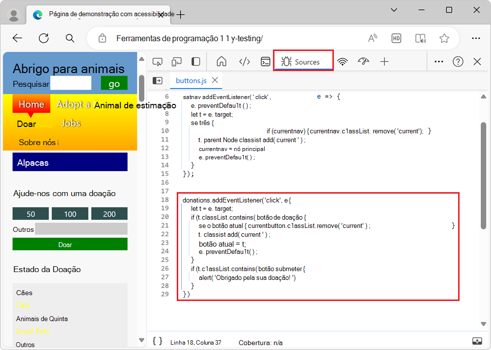 O JavaScript responsável pela funcionalidade do formulário de doação, apresentado na ferramenta Origens