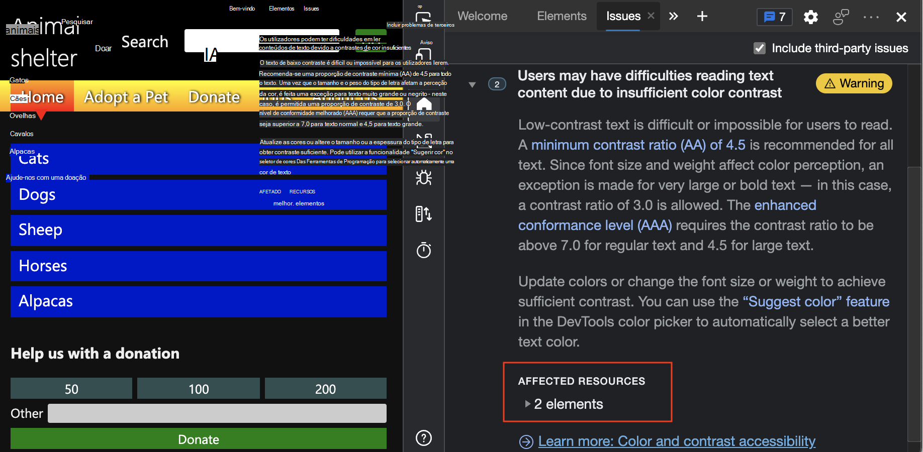 Problemas de contraste comunicados na ferramenta Problemas