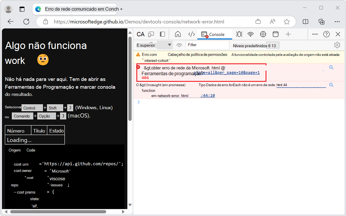 A Consola apresenta um código http status do erro depois de um recurso não ser carregado