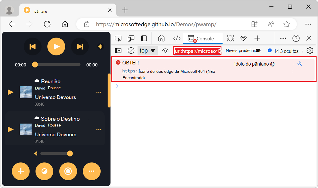 Apenas as mensagens do URL do script selecionado são apresentadas na Consola