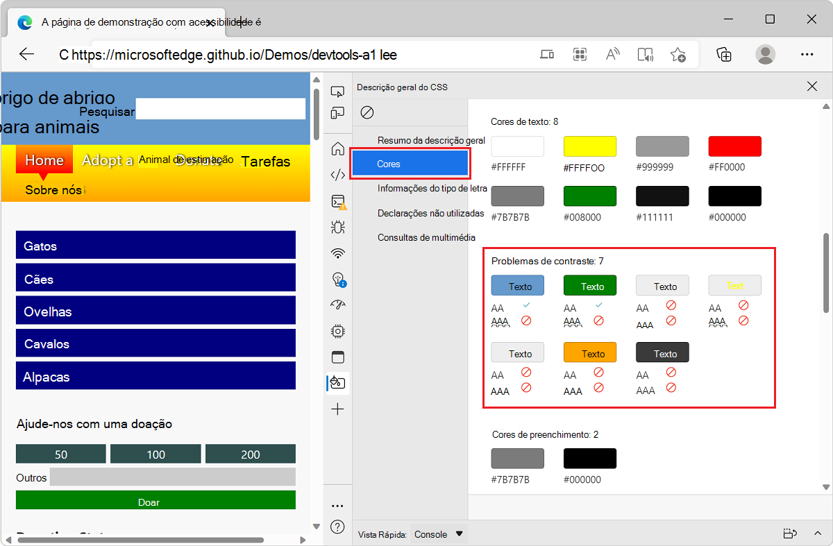 Microsoft Edge, com a aplicação de demonstração lista TODO e DevTools, a mostrar uma lista de problemas de contraste no relatório de descrição geral do CSS