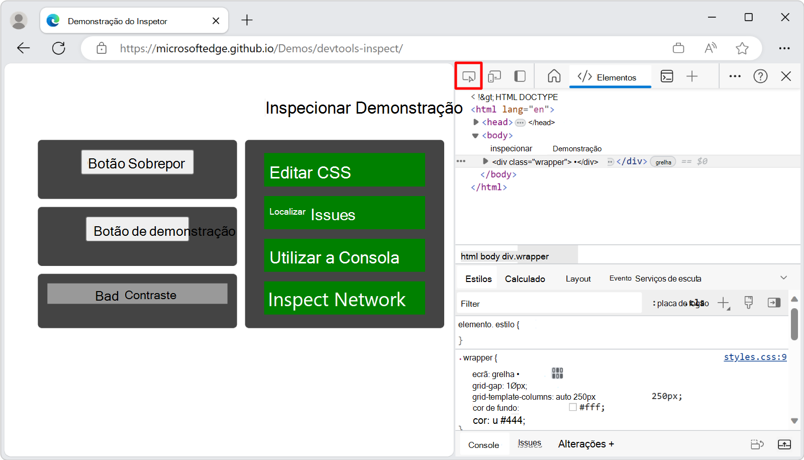 O botão inspecionar ferramenta no canto superior esquerdo de DevTools