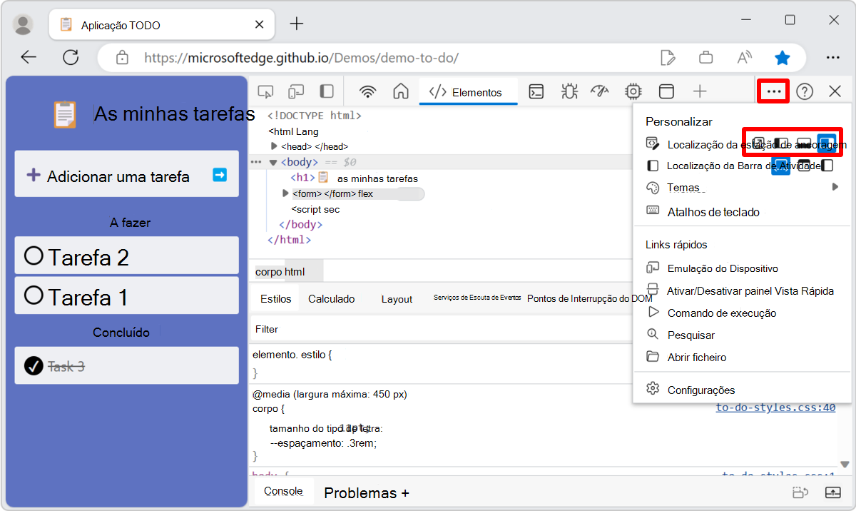 O menu de localização da Dock em DevTools