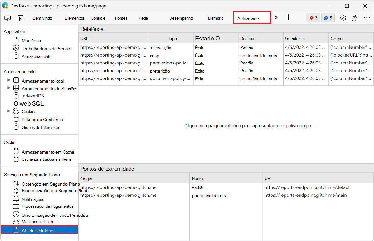 Abrir o painel API de Relatórios