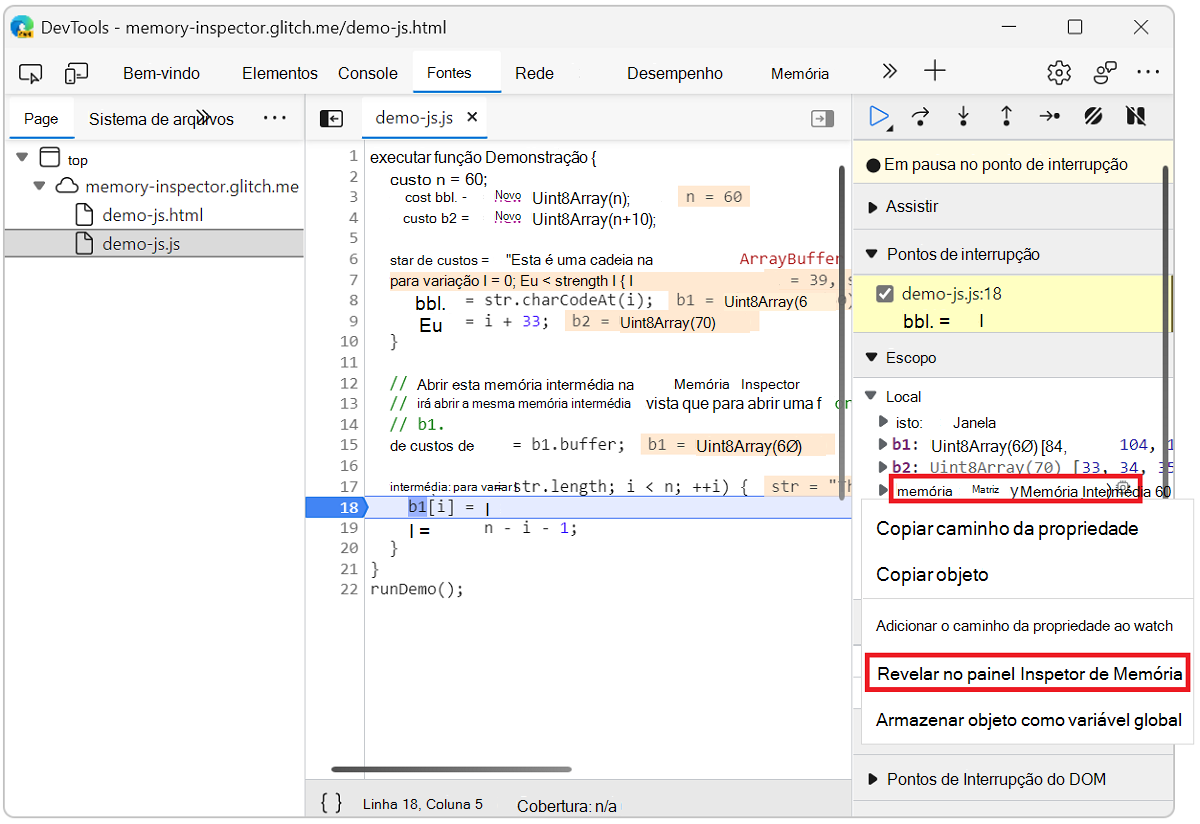 Abrir Inspetor de memória a partir do menu de contexto da linha de propriedades da memória intermédia
