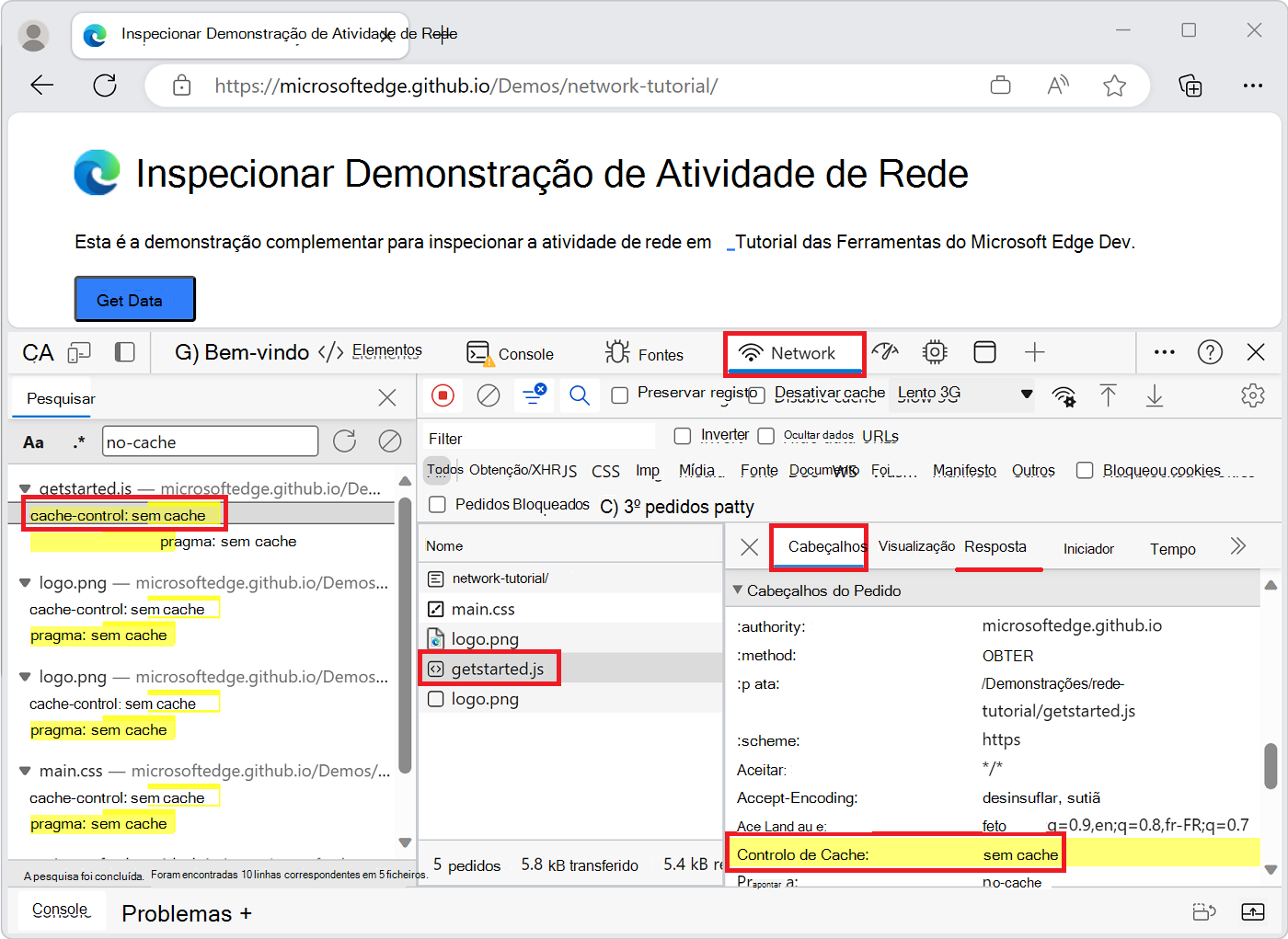 Um resultado de pesquisa realçado no painel Cabeçalhos