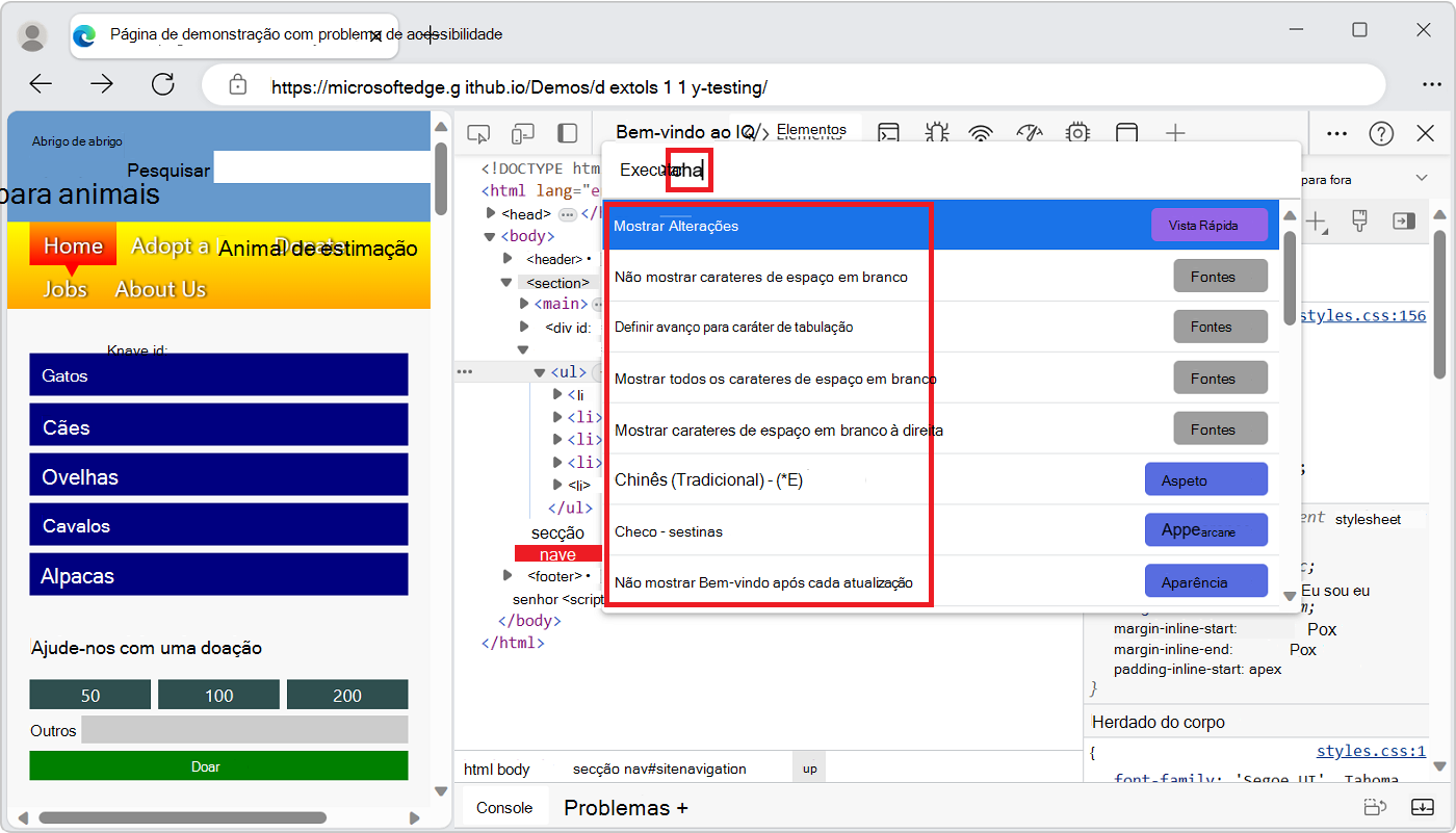 O menu comando apresenta as opções depois de escrever 