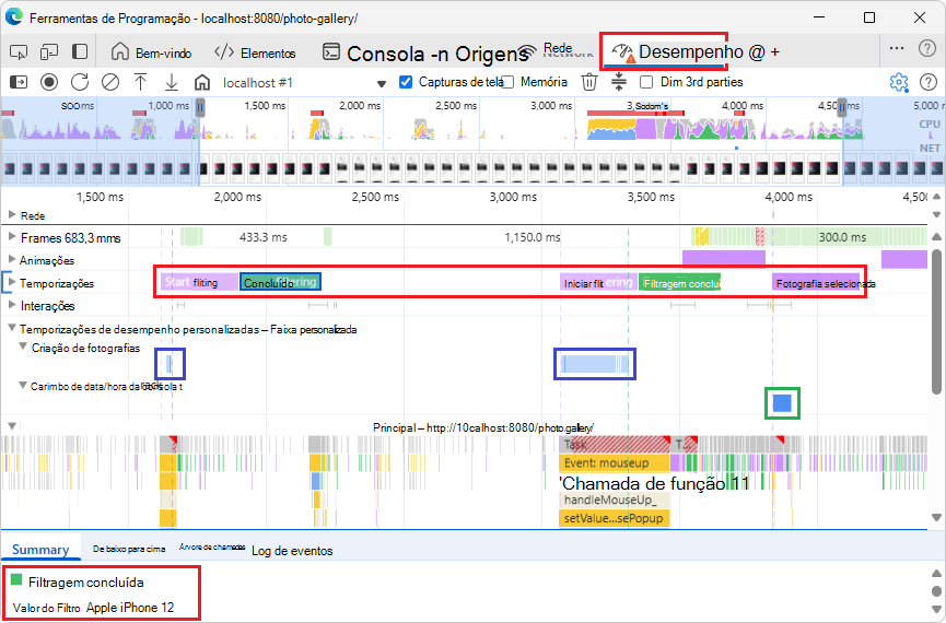 Exemplo de faixas personalizadas na ferramenta Desempenho