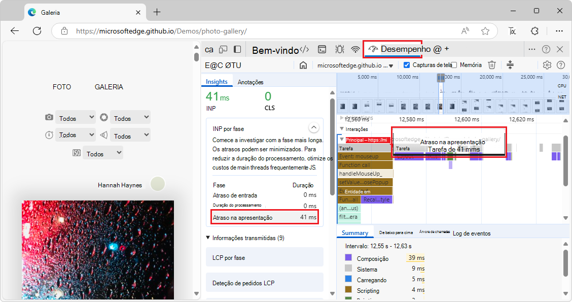 Pairar o cursor sobre as entradas no separador Informações 