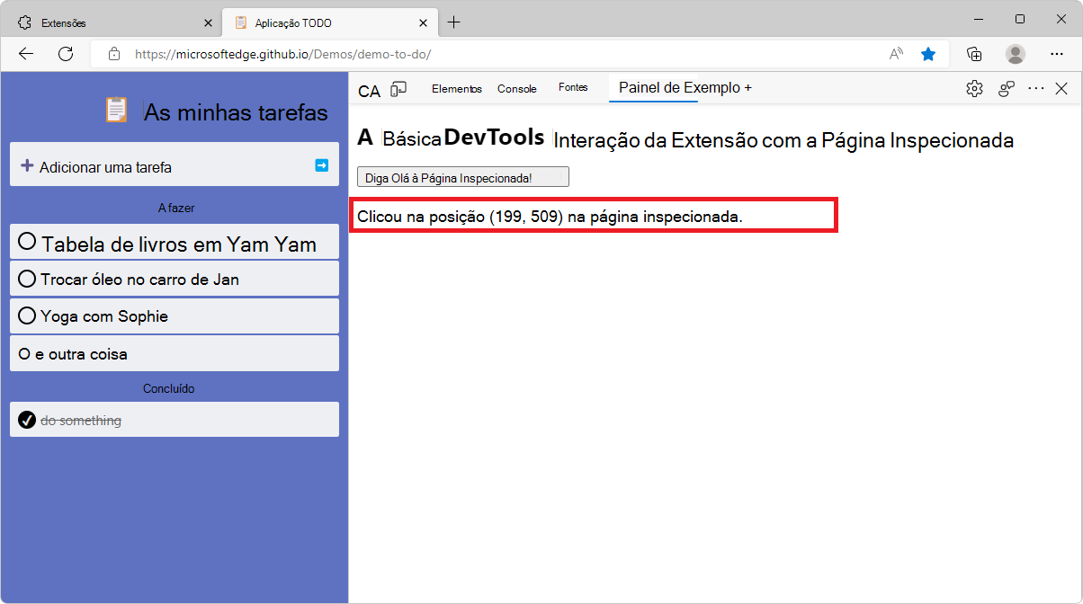 O painel de exemplo em DevTools a mostrar a mensagem de posição clicada