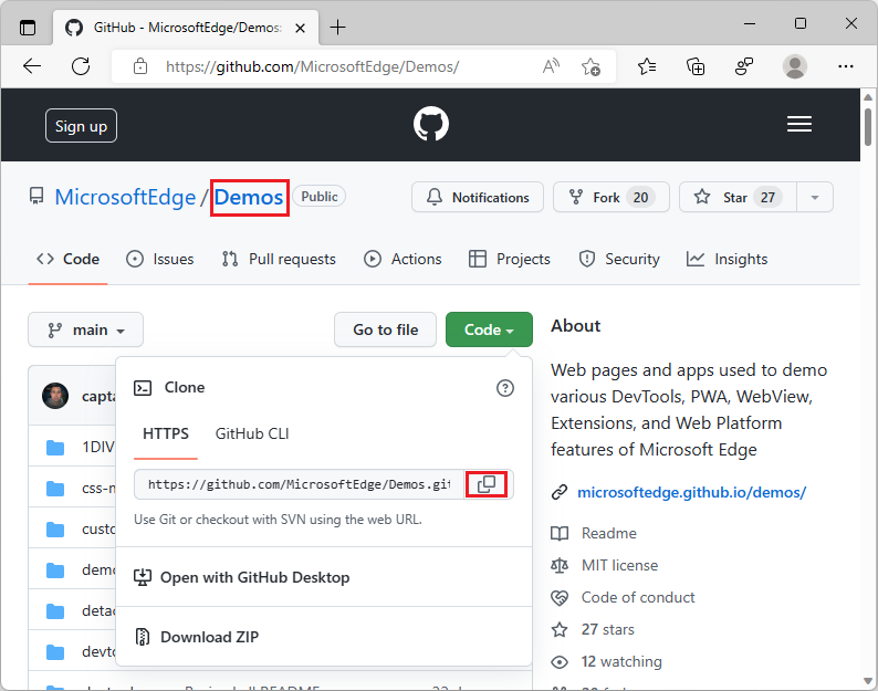 Clonar o repositório MicrosoftEdge/Demos