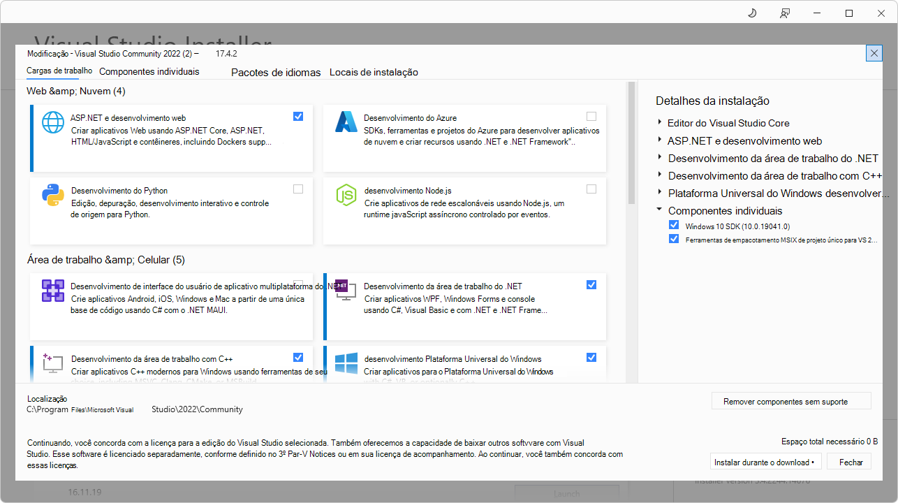 A janela Modificar o Visual Studio, estado inicial