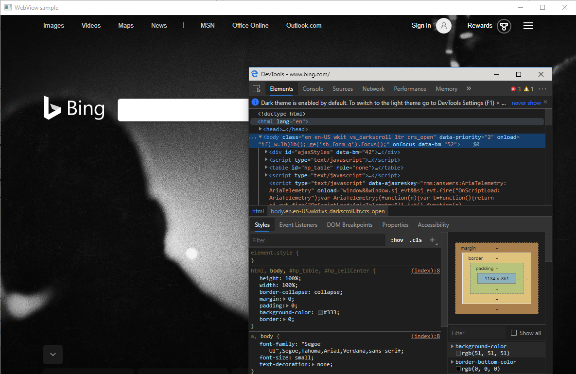 Depuração de DevTools num controlo WebView2