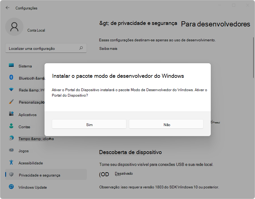 Instalar o pacote do Modo de Programador do Windows