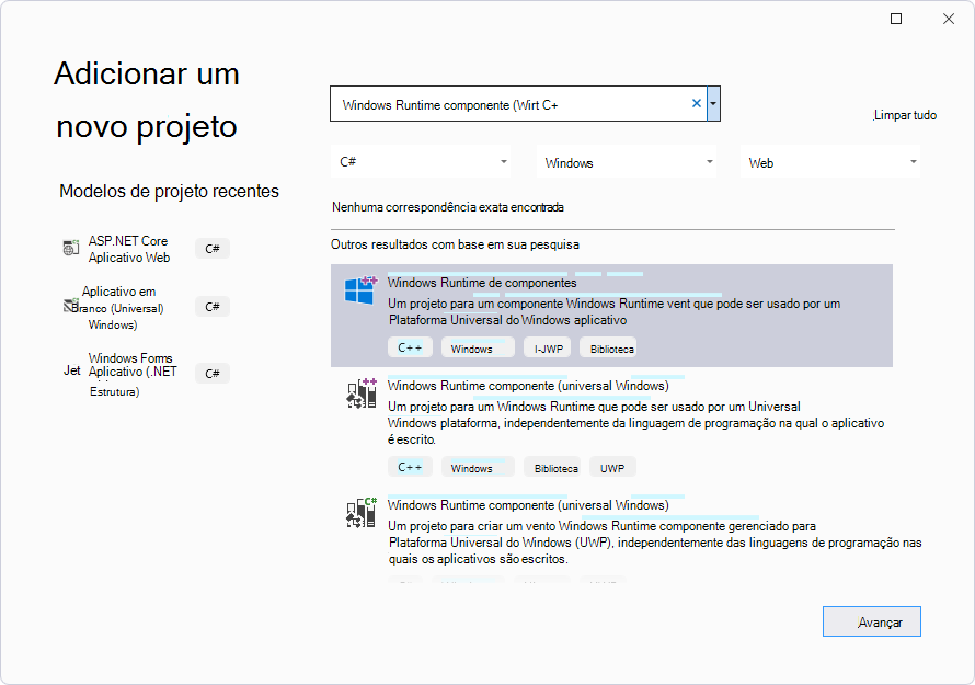 Selecionar o Componente Windows Runtime (C++/WinRT) card na caixa de diálogo 