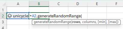Captura de ecrã a mostrar a introdução do método generateRandomRange no Excel.