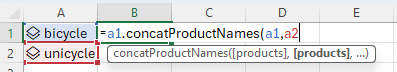 Captura de ecrã a mostrar a introdução do método concatProductNames no Excel ao transmitir A1 e A2 que contêm um valor de entidade de produto unicycle e bicicleta.