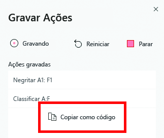 O painel de tarefas do gravador de ação com o botão 