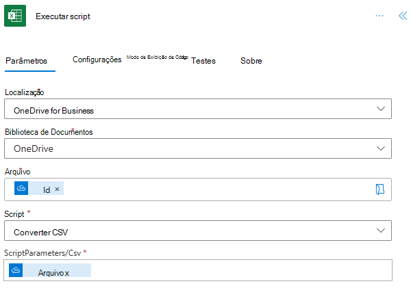 O passo Executar script concluído no painel de tarefas de ação.