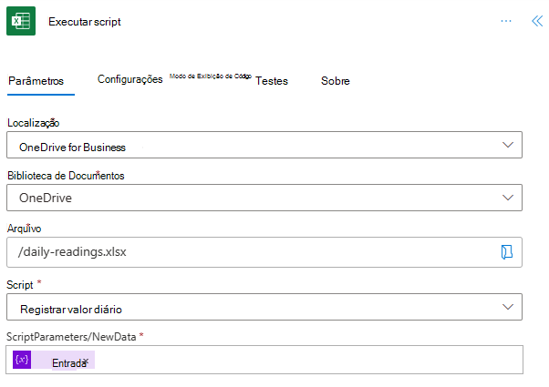 A ação Executar script com os valores especificados.