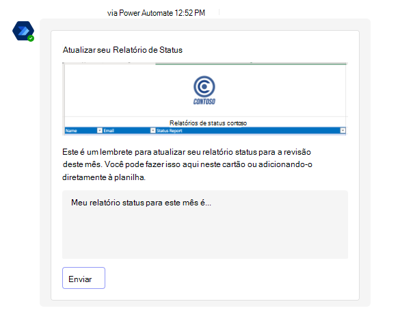 Um Cartão Ajustável no Teams a pedir ao funcionário uma atualização de status.