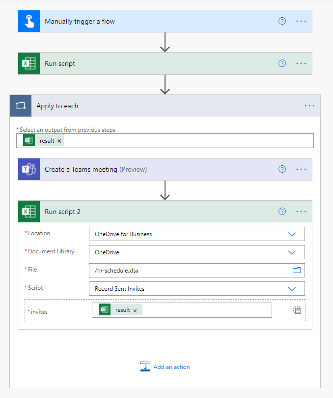 O conector completo do Excel Online (Empresas) para registar que os convites foram enviados.