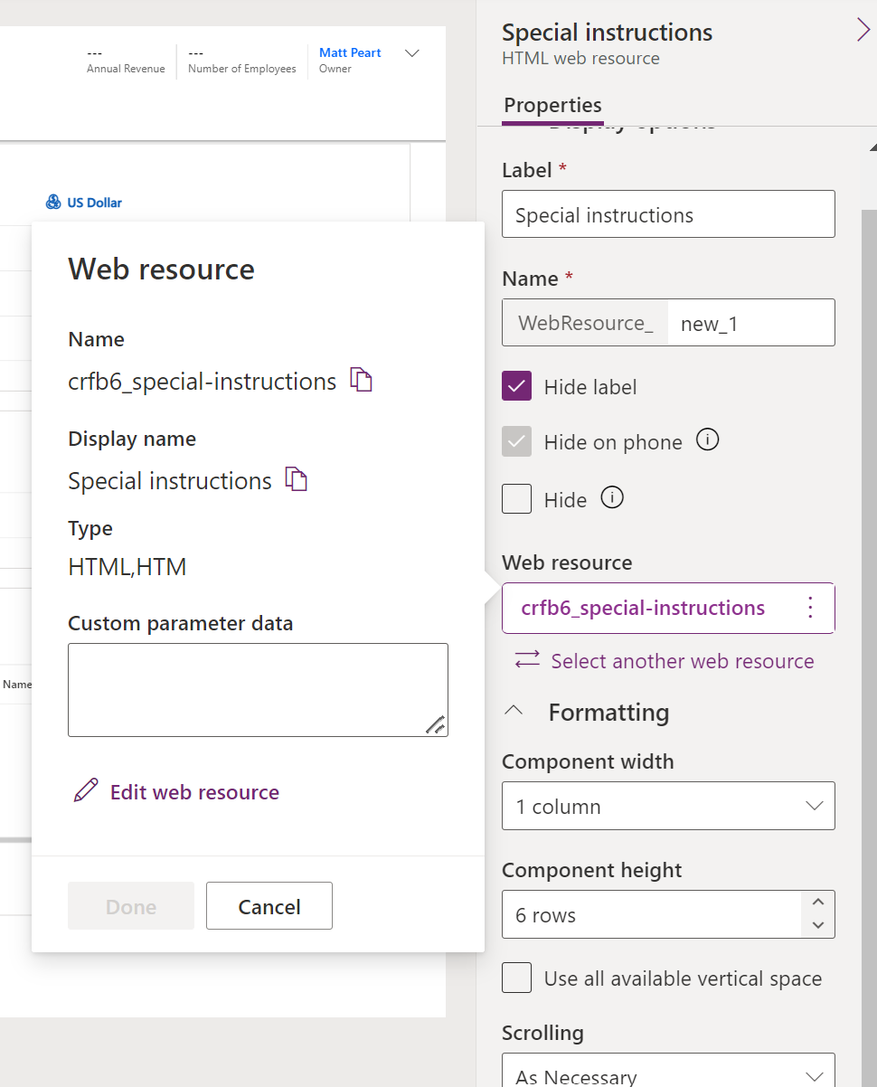 Propriedades do recurso Web adicional